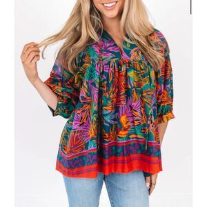 J. MARIE NWT The Asher Puff Sleeve Tunic‎ Blouse Shirt Multi Colored Size Small